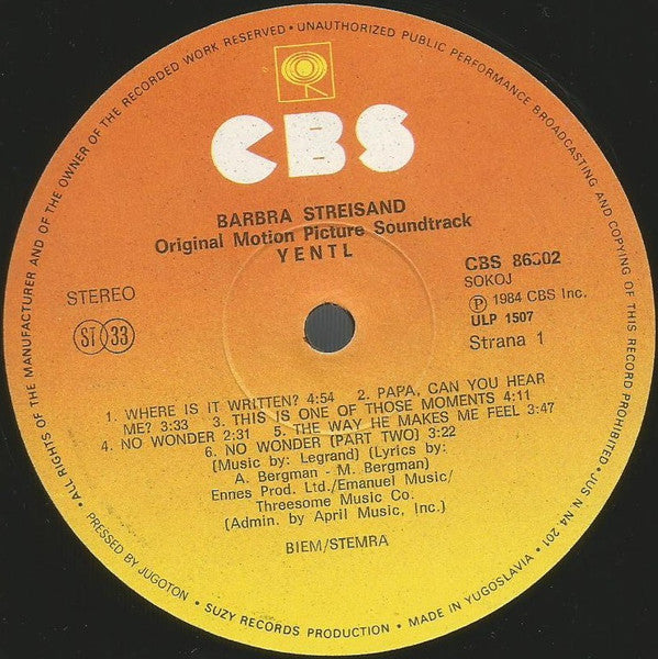 Barbra Streisand : Yentl - Original Motion Picture Soundtrack (LP, Album, Gat)