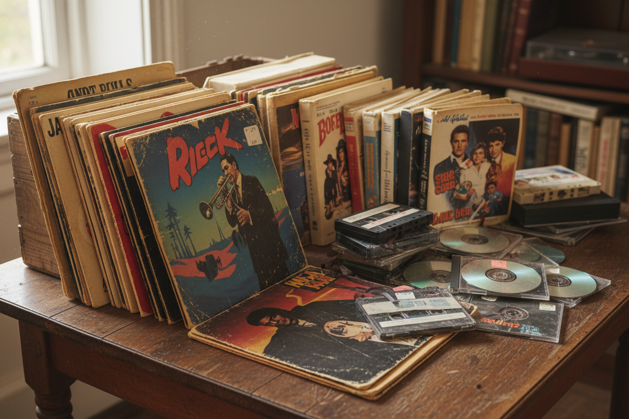 bunch of second hand records cds and cassettes with VHS