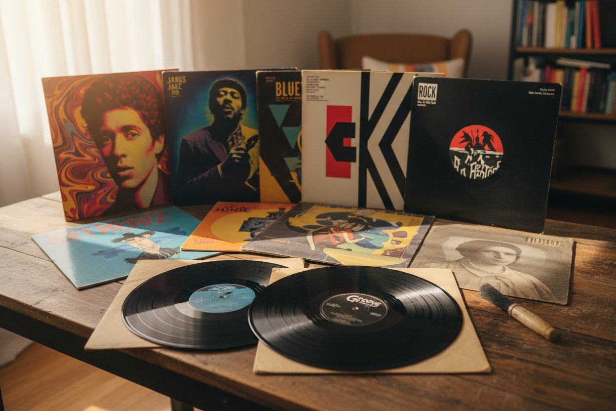 table with vinyl records